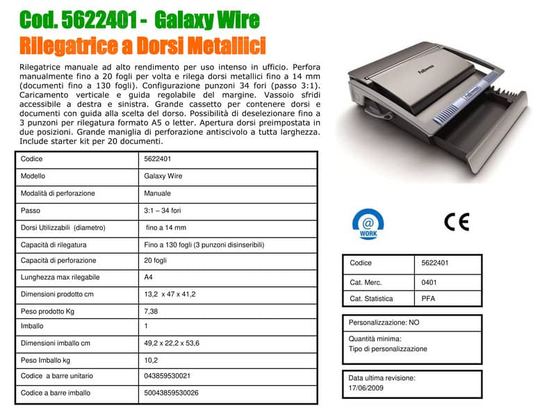 Rilegatrice a dorsi metallici FELLOWES Galaxy Wire Capacità di perforazione 20 fogli - 5622401
