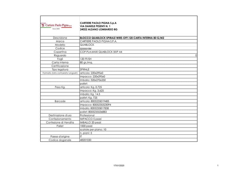 Blocco spiralato 120 fogli Pigna Quablock a 4 fori A4 5mm 02000015M