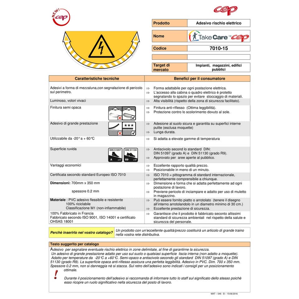 Adesivi Segnalatori CEP rischio elettrico PVC 700x350 mm. sp 0,2 mm giallo - 170105005