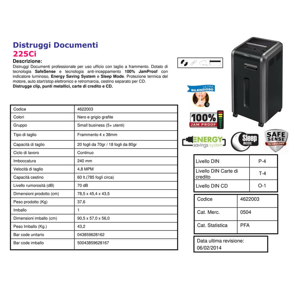 Distruggidocumenti uso frequente FELLOWES Powershred 225Ci P-4 60 L taglio a frammento 4x38 mm - 4622003