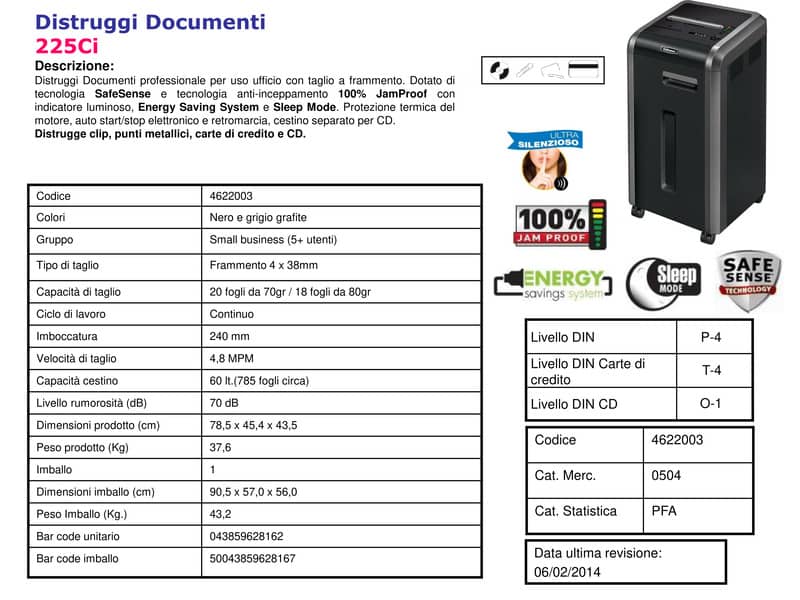 Distruggidocumenti uso frequente FELLOWES Powershred 225Ci P-4 60 L taglio a frammento 4x38 mm - 4622003