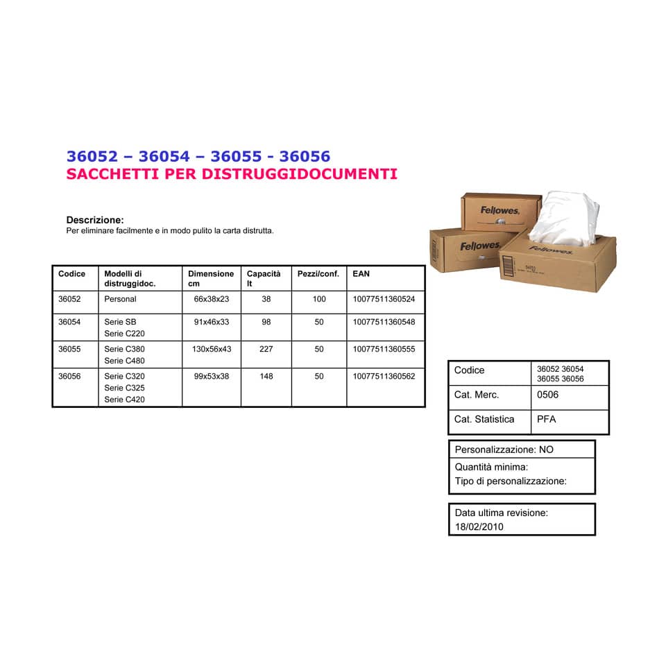 Sacchetti per distruggidocumenti Fellowes capacità fino a 34 lt. Conf. 100 pezzi - 36053