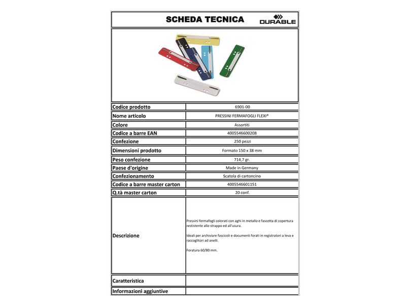 Pressini fermafogli DURABLE FLEXI® assortiti 150x38mm conf. 250 - 690100
