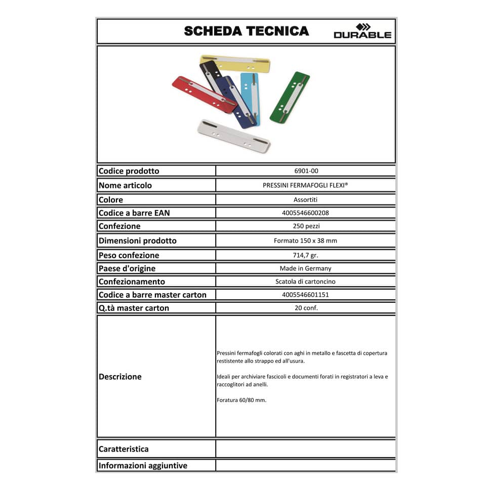 Pressini fermafogli DURABLE FLEXI® assortiti 150x38mm conf. 250 - 690100