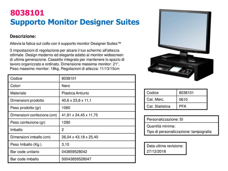 Supporto FELLOWES Monitor Designer Suites plastica nero altezza regolabile 11/13/15cm - 8038101
