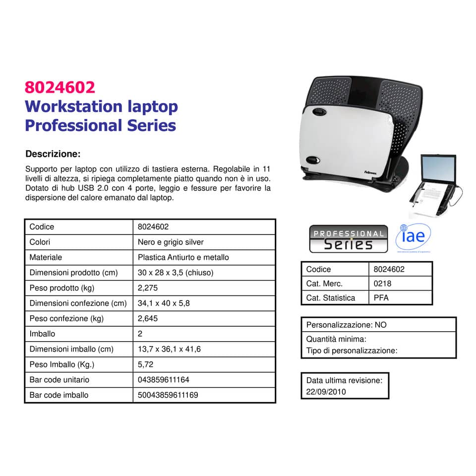 Supporto FELLOWES notebook Professional Series™ plastica e metallo nero/silver 8024602
