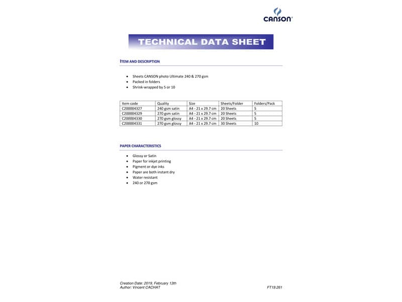 Carta fotografica inkjet CANSON ULTIMATE A4 lucida 270 g/m² Conf. 30 pezzi - C200004331