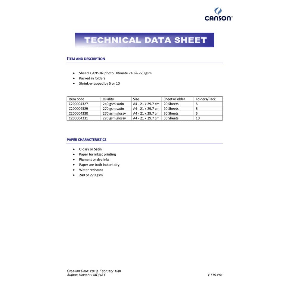 Carta fotografica inkjet CANSON ULTIMATE A4 lucida 270 g/m² Conf. 30 pezzi - C200004331