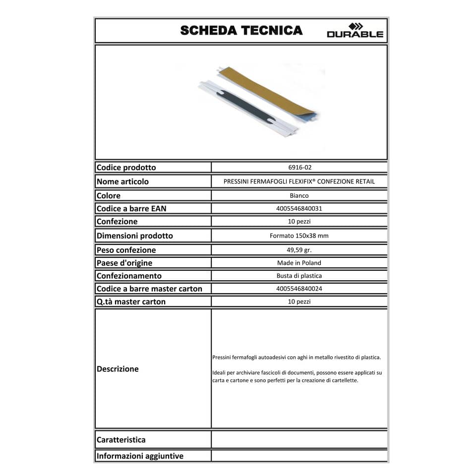 Pressini fermafogli DURABLE FLEXIFIX® CONFEZIONE RETAIL bianco 150x20mm conf. 10 - 691602