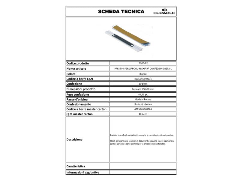 Pressini fermafogli DURABLE FLEXIFIX® CONFEZIONE RETAIL bianco 150x20mm conf. 10 - 691602