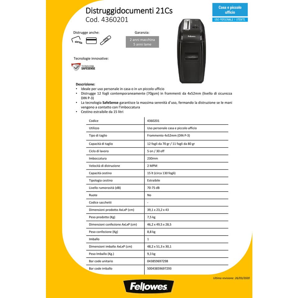 Distruggidocumenti uso personale FELLOWES Powershred® 21Cs P-3 - 15 L taglio a frammento 4x52 mm - 4360201