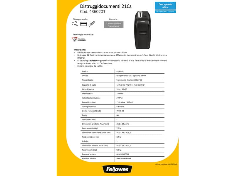 Distruggidocumenti uso personale FELLOWES Powershred® 21Cs P-3 - 15 L taglio a frammento 4x52 mm - 4360201