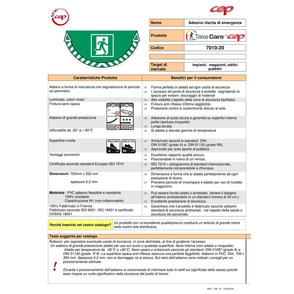 Adesivi Segnalatori CEP uscita d'emergenza PVC 700x350 mm. sp 0,2 mm verde - 1701020031