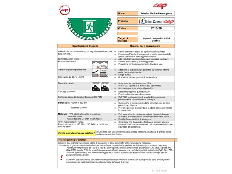 Adesivi Segnalatori CEP uscita d'emergenza PVC 700x350 mm. sp 0,2 mm verde - 1701020031