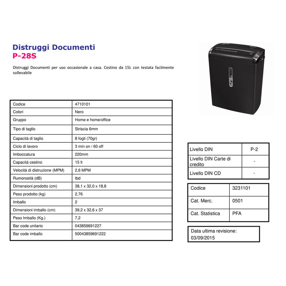 Distruggidocumenti uso personale FELLOWES Powershred® P-28S - P-2 -15 L taglio a strisce 6 mm - 4710101