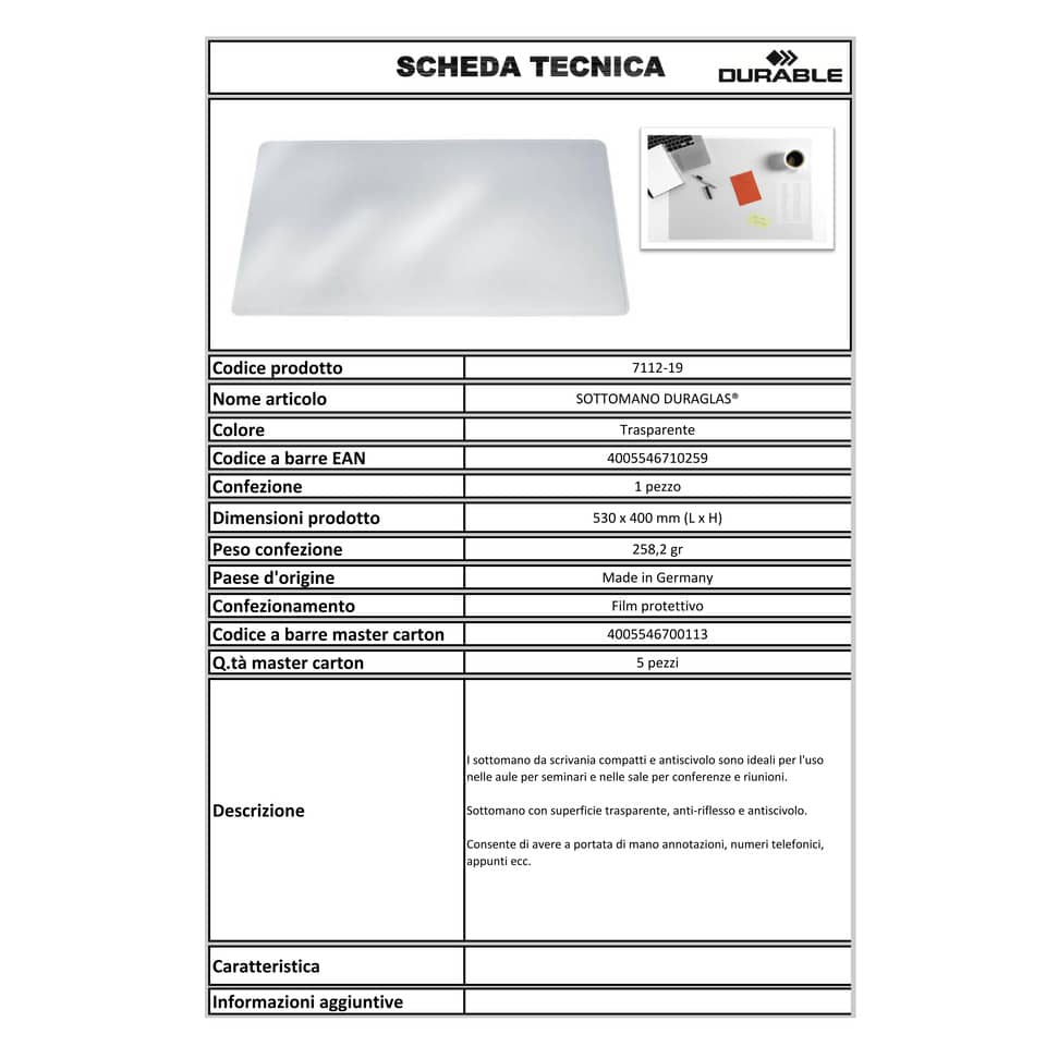 Sottomano DURABLE DURAGLAS® pvc trasparente 53x40 cm 711219