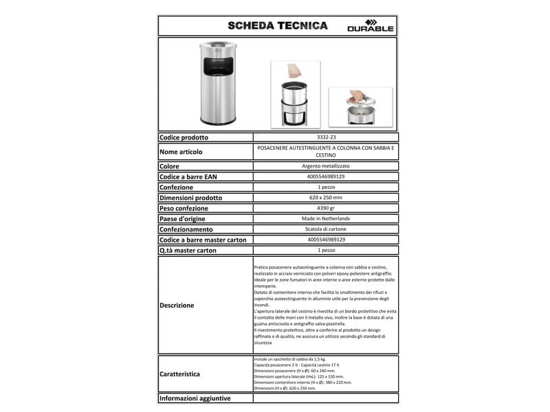 Posacenere DURABLE autoestinguente a colonna con sabbia e cestino acciaio argento metallizzato base tonda - 333223