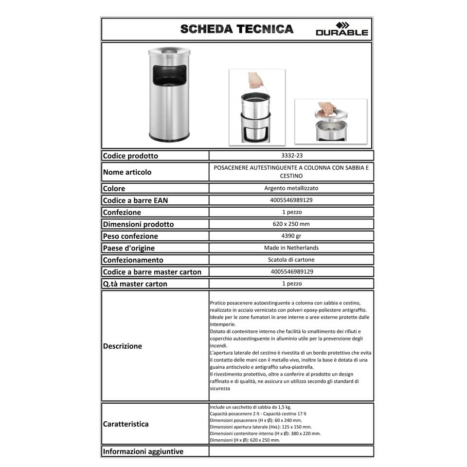 Posacenere DURABLE autoestinguente a colonna con sabbia e cestino acciaio argento metallizzato base tonda - 333223