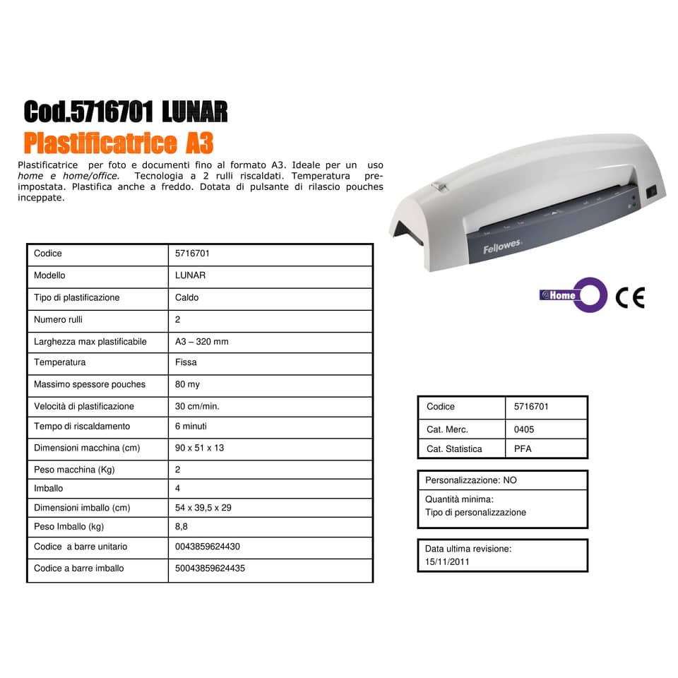 Plastificatrice a caldo FELLOWES Lunar bianco A3 5716701