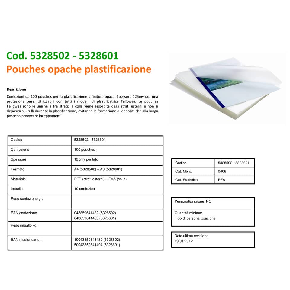 Pouches per plastificatrici Fellowes Standard Capture125 finitura opaca - 2x125 µm - A3 - Conf. 100 pezzi 5328601