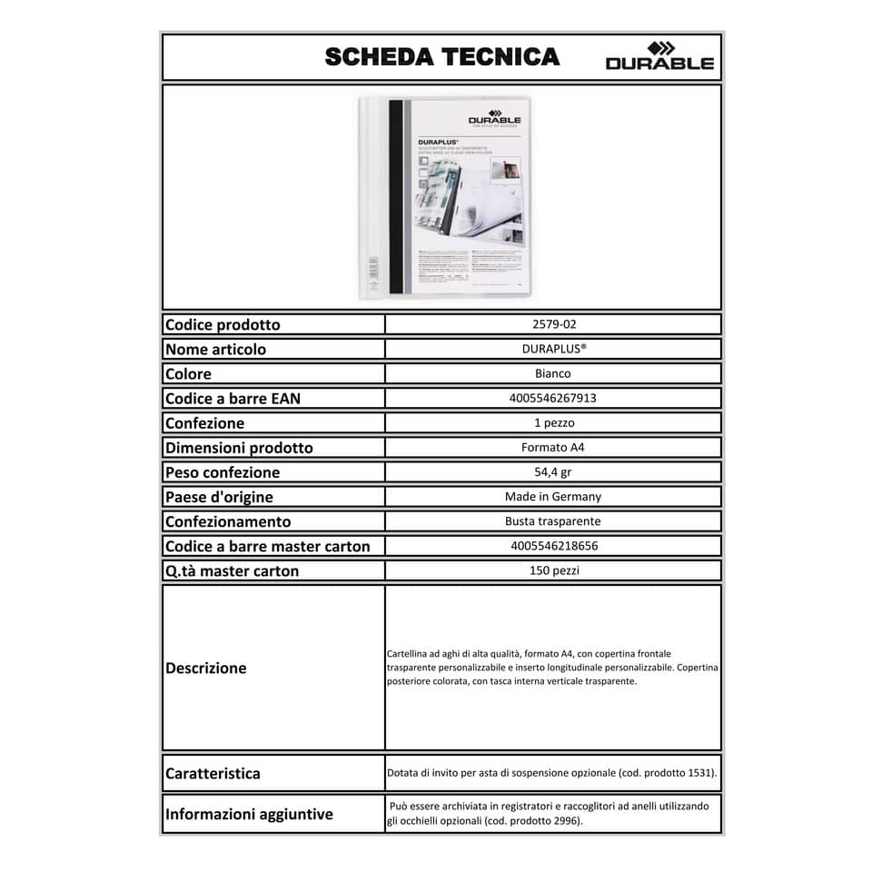 Cartellina ad aghi DURABLE DURAPLUS® A4 bianco 257902