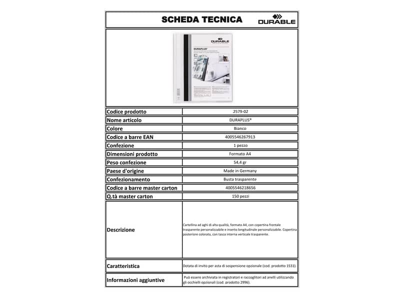 Cartellina ad aghi DURABLE DURAPLUS® A4 bianco 257902