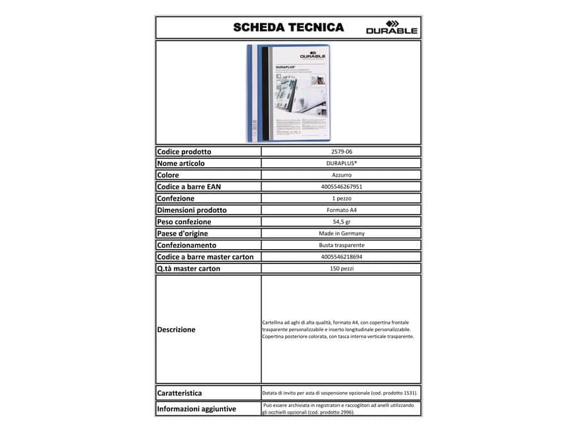 Cartellina ad aghi DURABLE DURAPLUS® A4 azzurro 257906