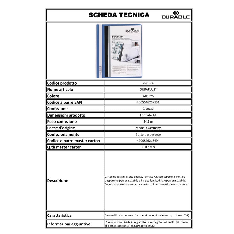 Cartellina ad aghi DURABLE DURAPLUS® A4 azzurro 257906