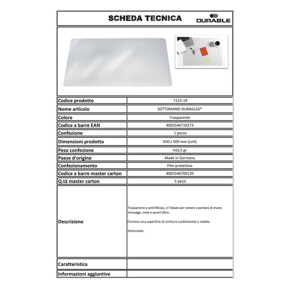 Sottomano DURABLE DURAGLAS® pvc trasparente 65x50 cm 711319