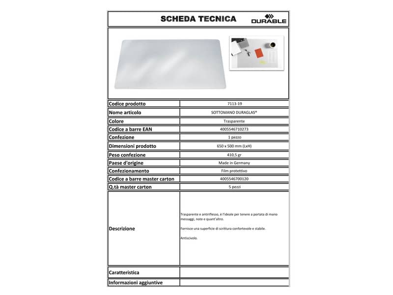 Sottomano DURABLE DURAGLAS® pvc trasparente 65x50 cm 711319