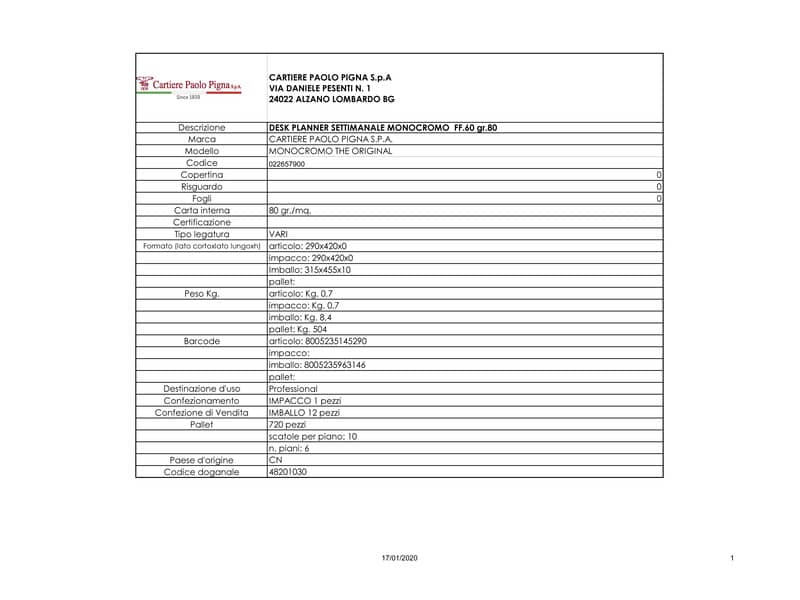 Planner settimanale 60 fogli Pigna Monocromo A3 022657900