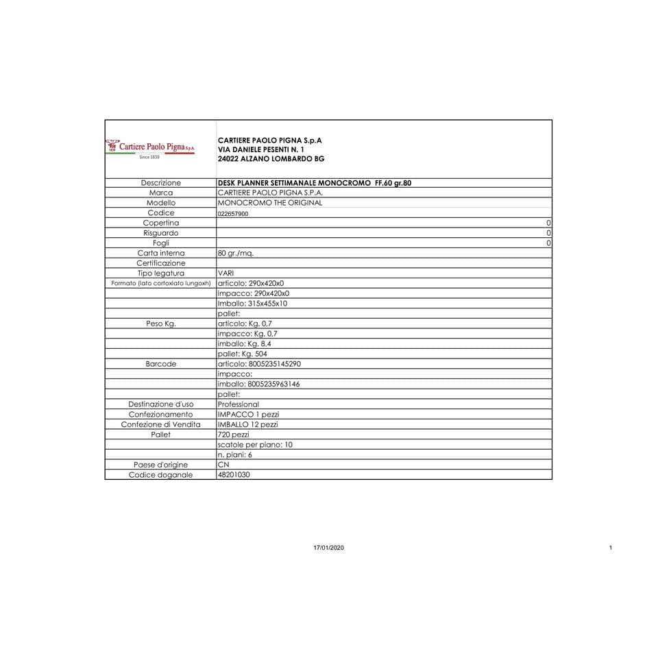 Planner settimanale 60 fogli Pigna Monocromo A3 022657900