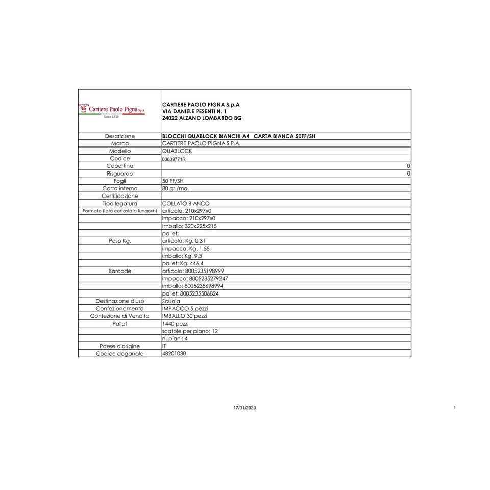 Blocco 50 fogli Pigna a 4 fori Quablock A4 1R 00609771R