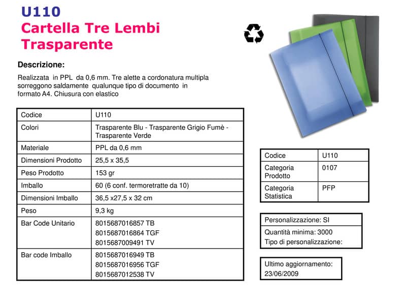 Cartellina a 3 lembi LEONARDI cordonatura multipla e chiusura elastico A4 trasparente blu - U110TB