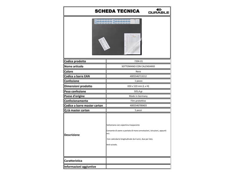 Sottomano DURABLE con calendario 4 anni pvc nero 65x52 cm 720401