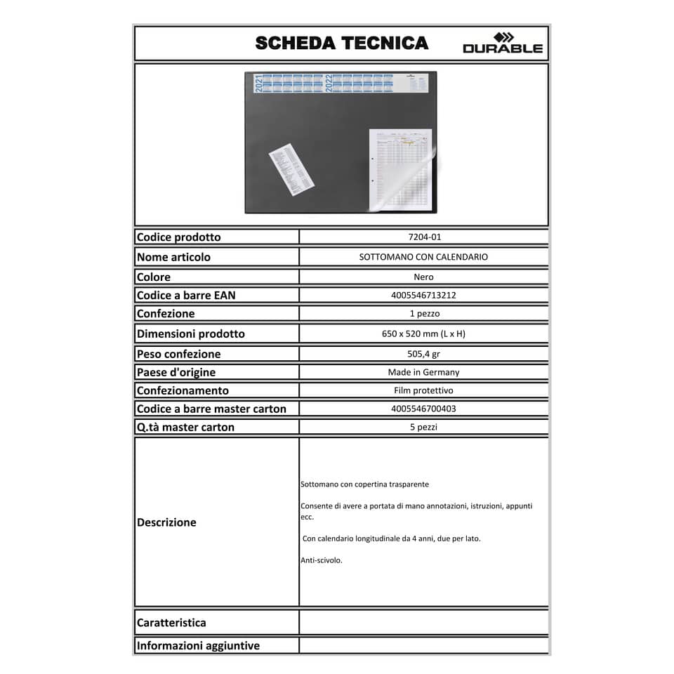 Sottomano DURABLE con calendario 4 anni pvc nero 65x52 cm 720401