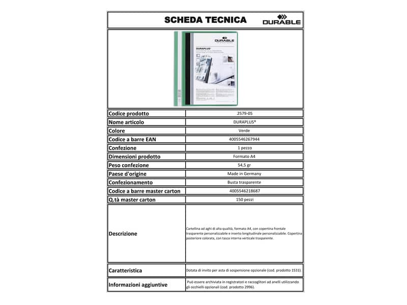 Cartellina ad aghi DURABLE DURAPLUS® A4 verde 257905