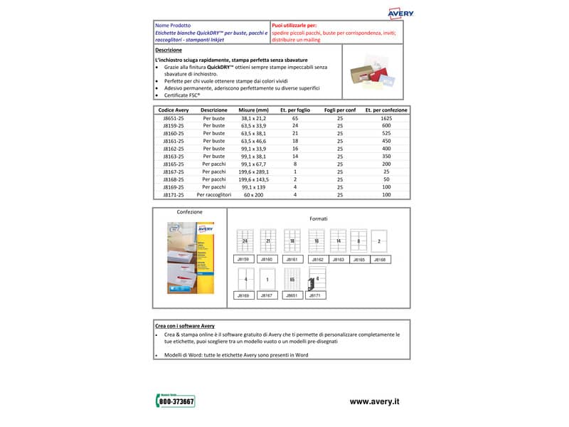 Etichette bianche per raccoglitori Avery QuickDRY™ 60x200 mm - 4 et/foglio - stampanti inkjet - cf 25 fogli J8171-25