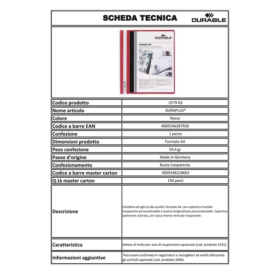 Cartellina ad aghi DURABLE DURAPLUS® A4 rosso 257903