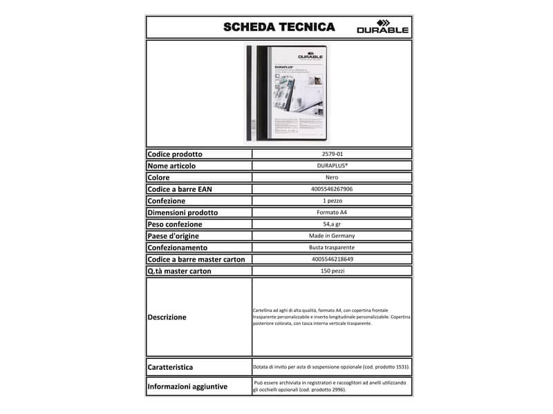 Cartellina ad aghi DURABLE DURAPLUS® A4 nero 257901