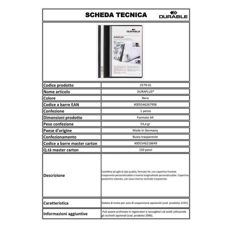 Cartellina ad aghi DURABLE DURAPLUS® A4 nero 257901
