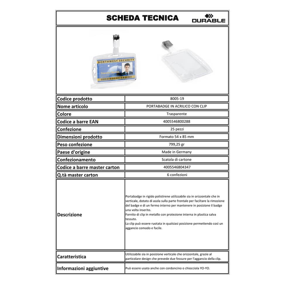 Portabadge rigido Durable 87x54 mm con clip di sicurezza orientabile trasparente Conf. 25 pezzi - 800519