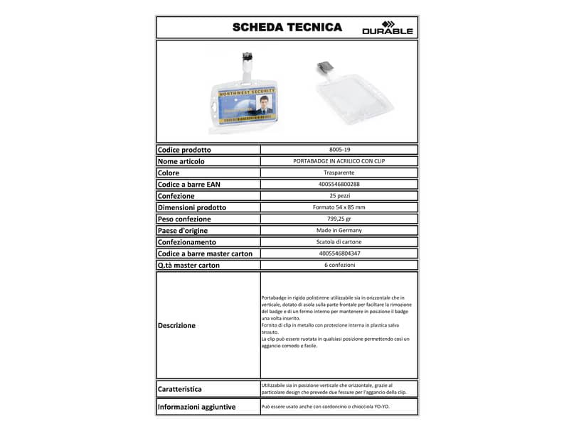 Portabadge rigido Durable 87x54 mm con clip di sicurezza orientabile trasparente Conf. 25 pezzi - 800519