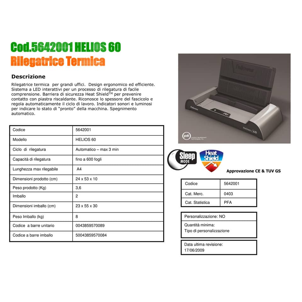 Rilegatrice termica FELLOWES Helios 60 capacità di rilegatura 600 fogli 5642001