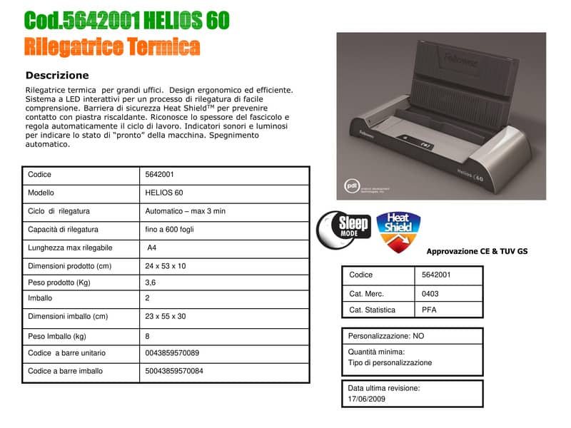 Rilegatrice termica FELLOWES Helios 60 capacità di rilegatura 600 fogli 5642001