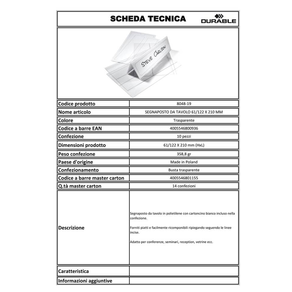Portanomi DURABLE da tavolo polietilene trasparente inserto 61/122 x 210 mm conf. 10 - 804819