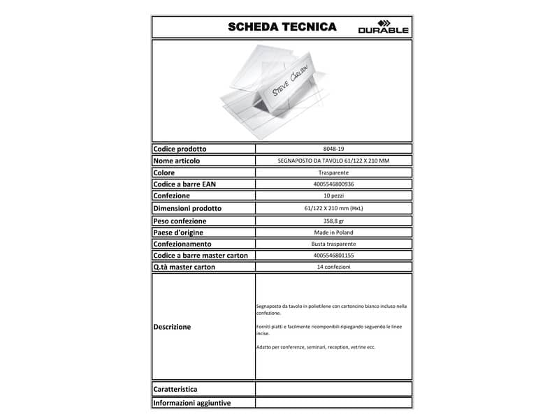 Portanomi DURABLE da tavolo polietilene trasparente inserto 61/122 x 210 mm conf. 10 - 804819
