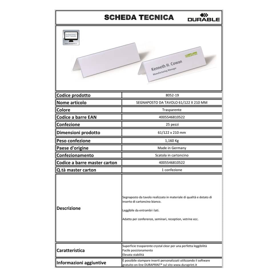 Portanomi DURABLE da tavolo polietilene trasparente inserto 61/122 x 210 mm conf. 25 - 805219