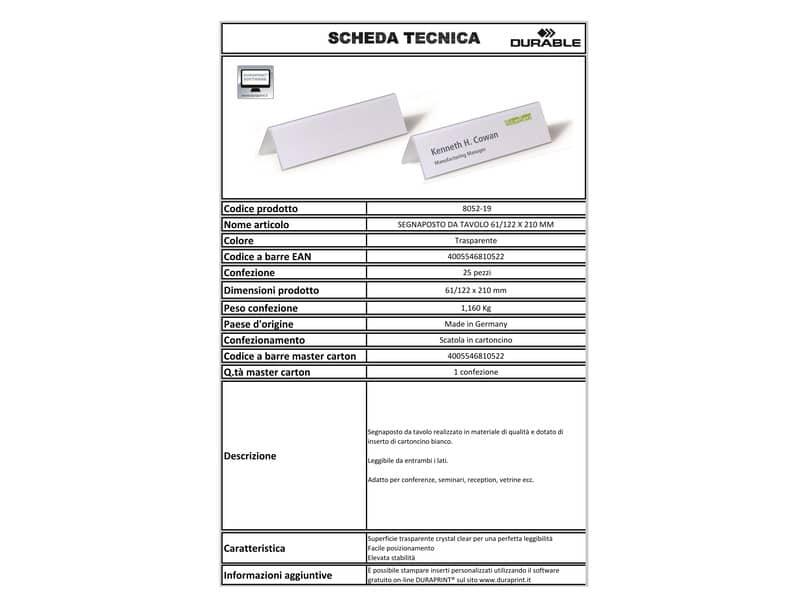 Portanomi DURABLE da tavolo polietilene trasparente inserto 61/122 x 210 mm conf. 25 - 805219