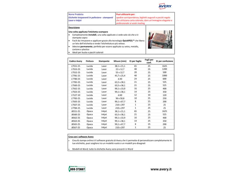 Etichette poliestere trasparenti lucide AVERY QuickPEEL™ 63,5x38,1 mm - 21 et/foglio - laser conf. 25 ff L7560-25